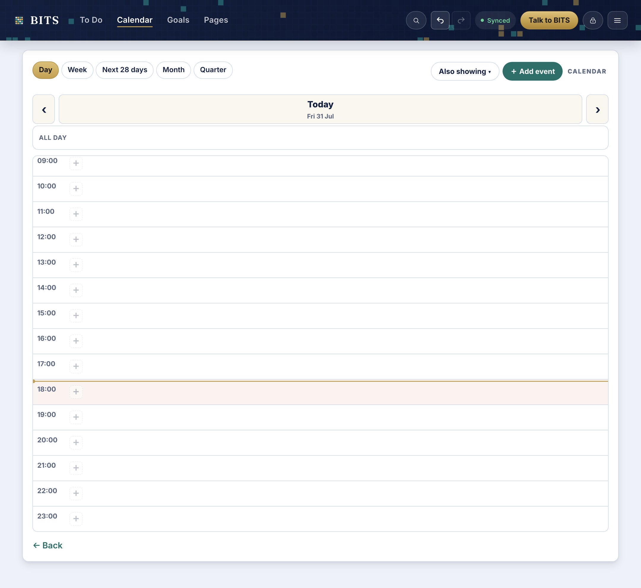 The BITS calendar: a week laid out with events in place, drag to move, grab the edge to resize.