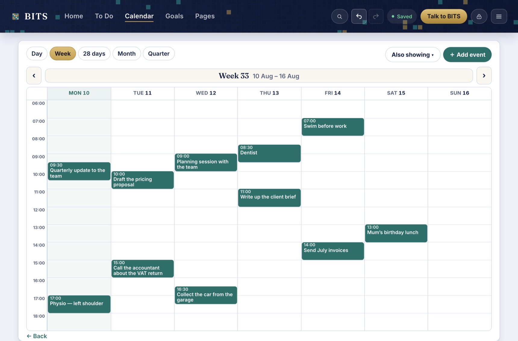 A full week in the BITS calendar, each task and commitment placed at its own time across seven days.